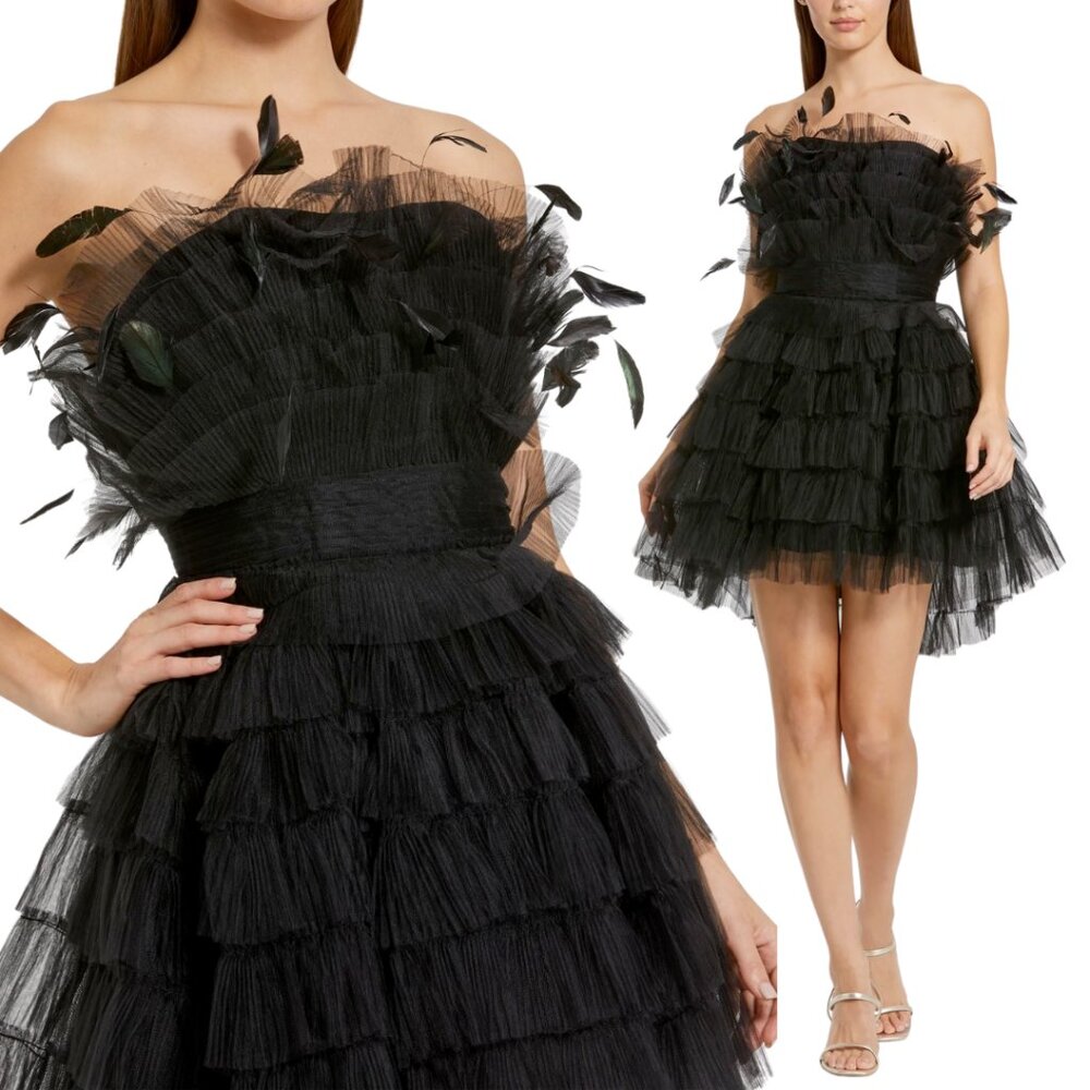 Mac Duggal 20529 Size 6 Black Feathered Strapless Tulle Ruffle Ruffled Dress